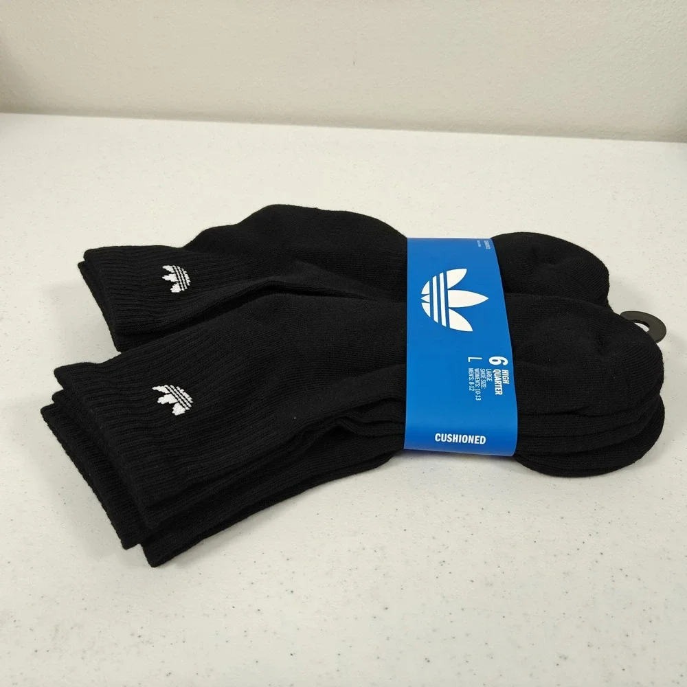 Adidas Originals Trefoil Cushioned High Quarter Socks 6 Pair Black Men's L 6-12